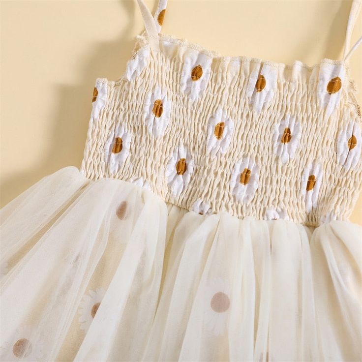 Off White Strappy Daisy Tulle Dress