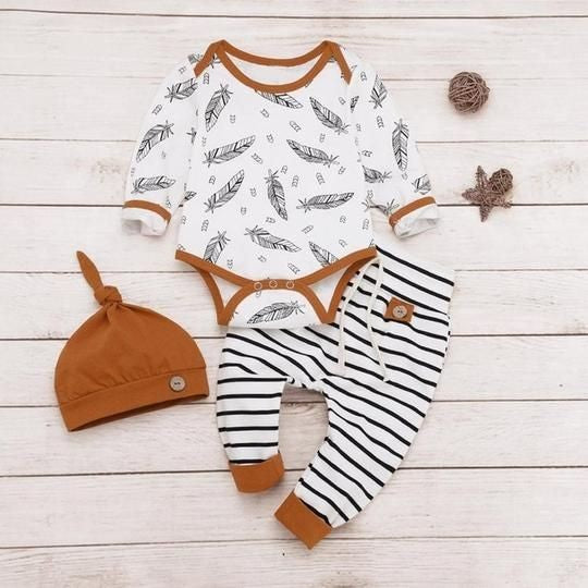 Feather Romper with Striped High Wasted Pants and Pumpkin Hat