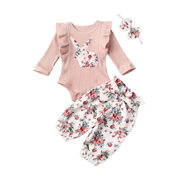 Ribbed Bunny Floral Romper and Bowknot Pants 100074