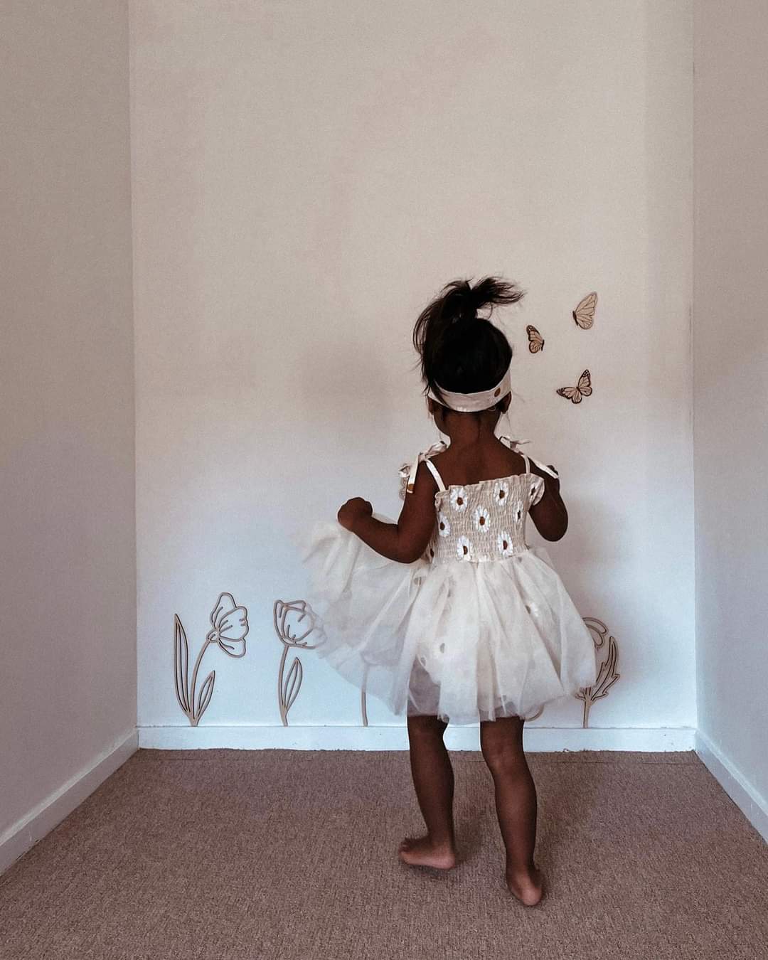 Off White Strappy Daisy Tulle Dress 1001157