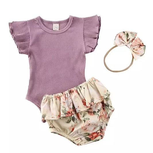 Lilac Ribbed Ruffle Sleeve Romper  with Floral Bloomer and Headband