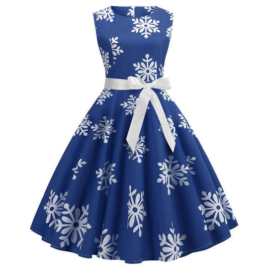 Ladies Sleeveless Blue Snowflake Christmas Dress