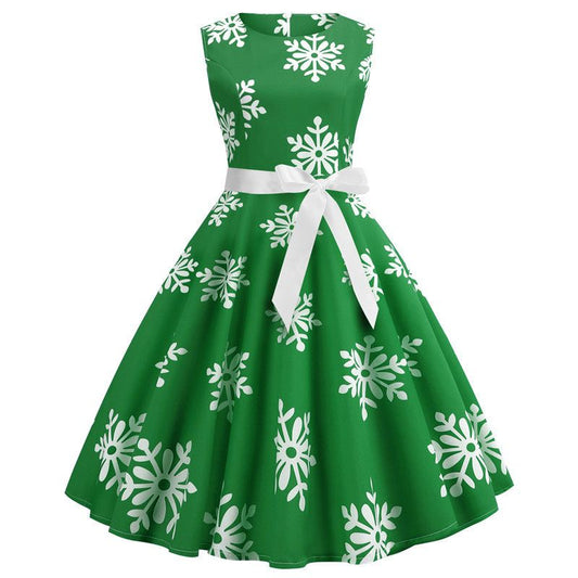 Ladies Sleeveless Green Snowflake Christmas Dress