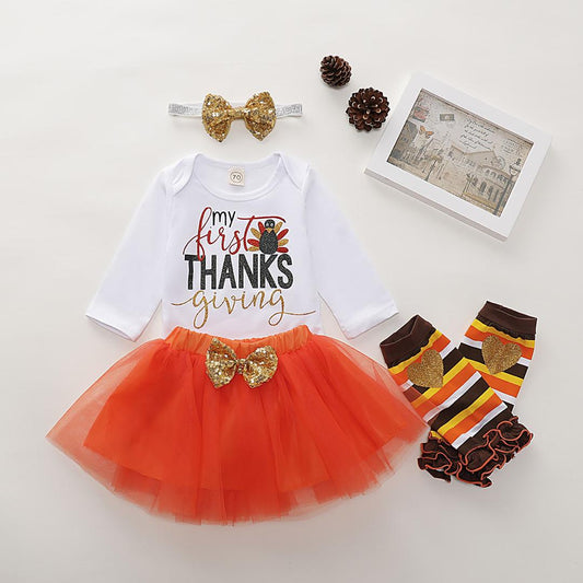 My First Thanksgiving Romper,  Tutu Headband and Leggings 