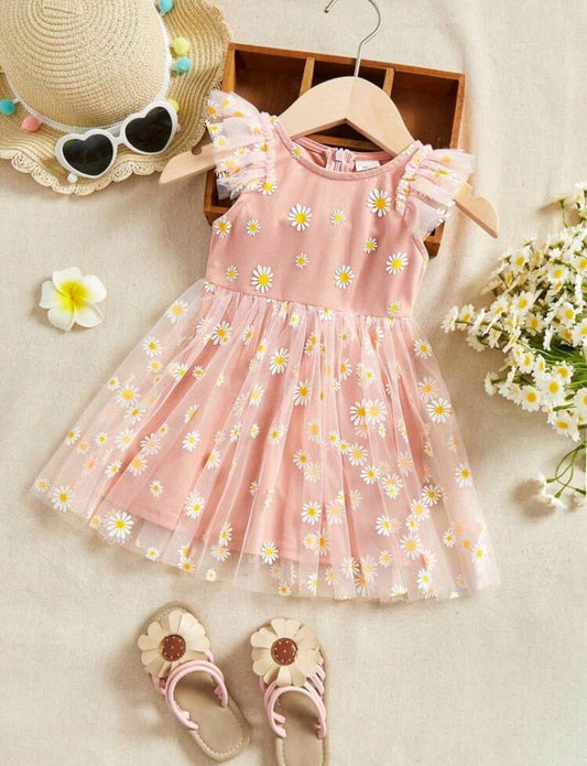 Peachy Pink Daisy Dress with Ruffle Sleeves