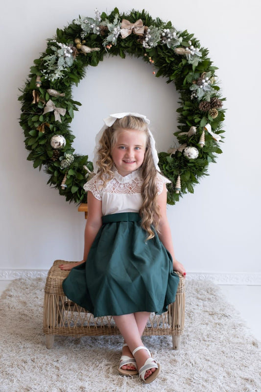 White Lace Forest Green Dress 1001150