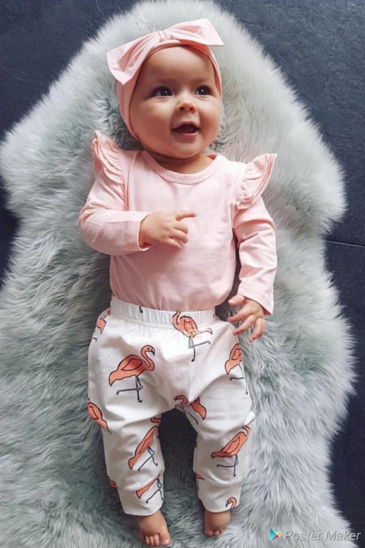 Pink Ruffle Sleeve Romper with Flamingo Pants and Headband  #100076