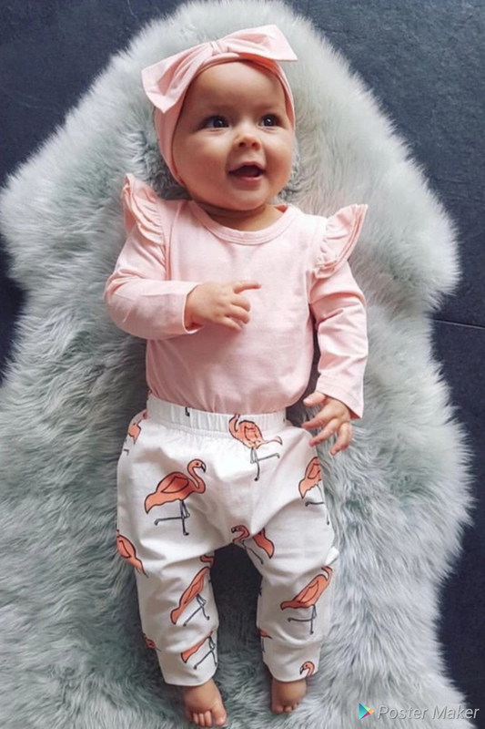 Pink Ruffle Sleeve Romper with Flamingo Pants and Headband  100076