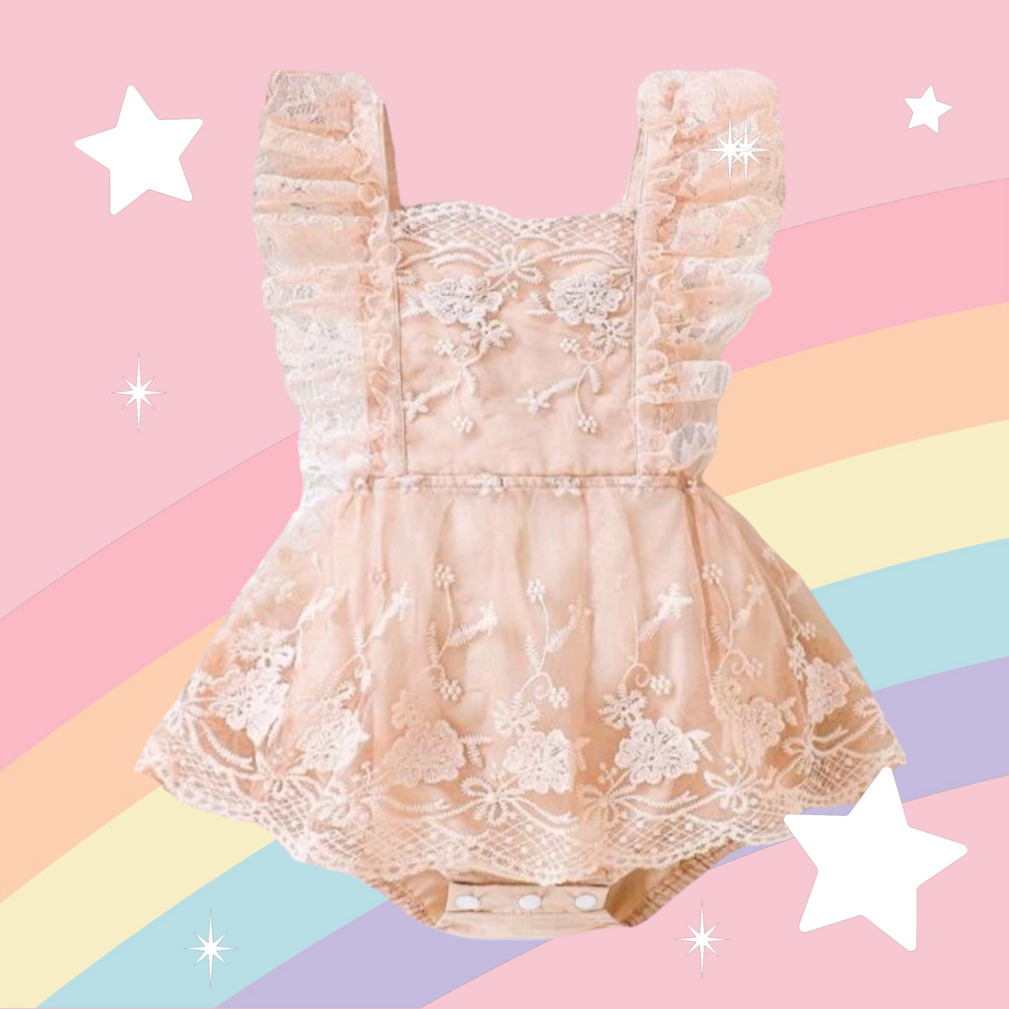 Peachy Pink Romper Dress with Embroidered Mesh Overlay 1000374