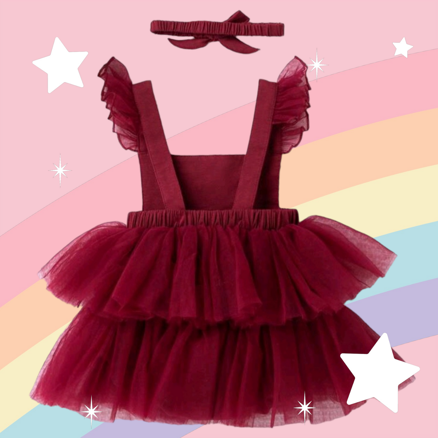 Maroon Multi-Layered Mesh Ruffle Romper and Headband 1000426