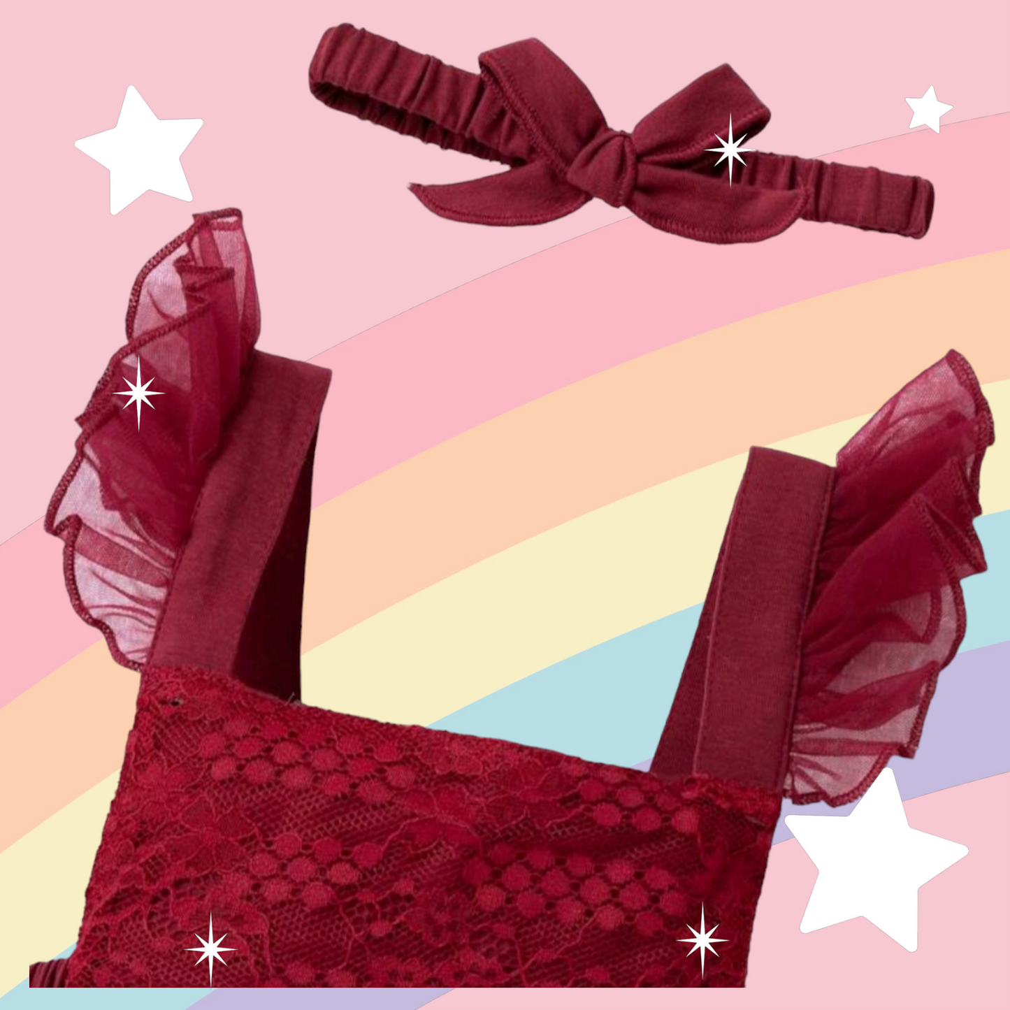 Maroon Multi-Layered Mesh Ruffle Romper and Headband 1000426