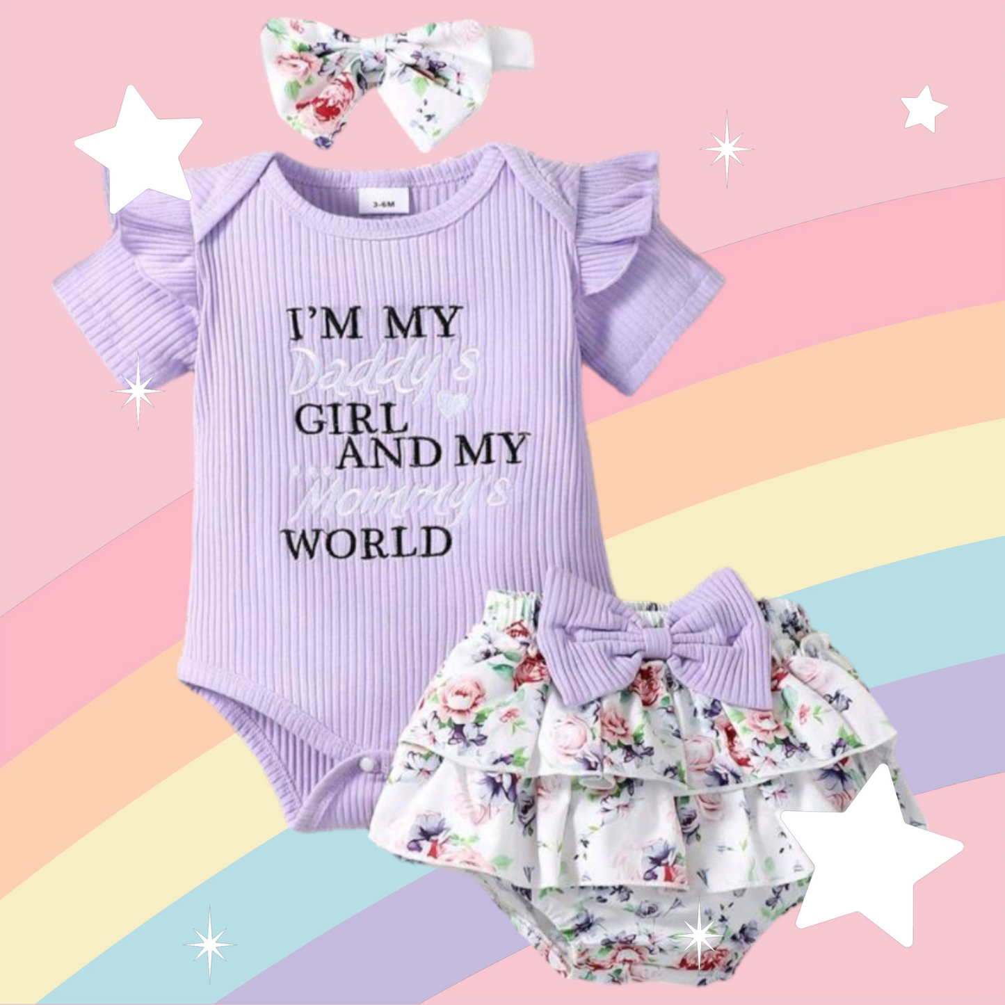 Daddy's Girl Mommy's World Purple Ruffle Romper with Floral Bloomer and Headband 