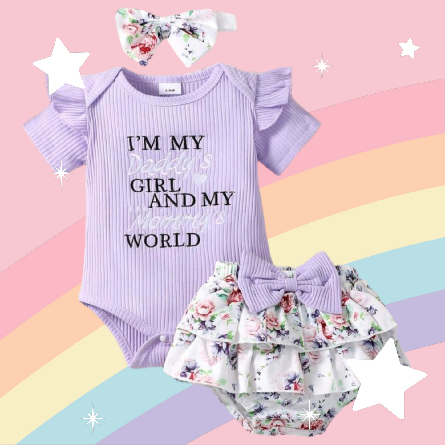 Daddy's Girl Mommy's World Purple Ruffle Romper with Floral Bloomer and Headband  1000860