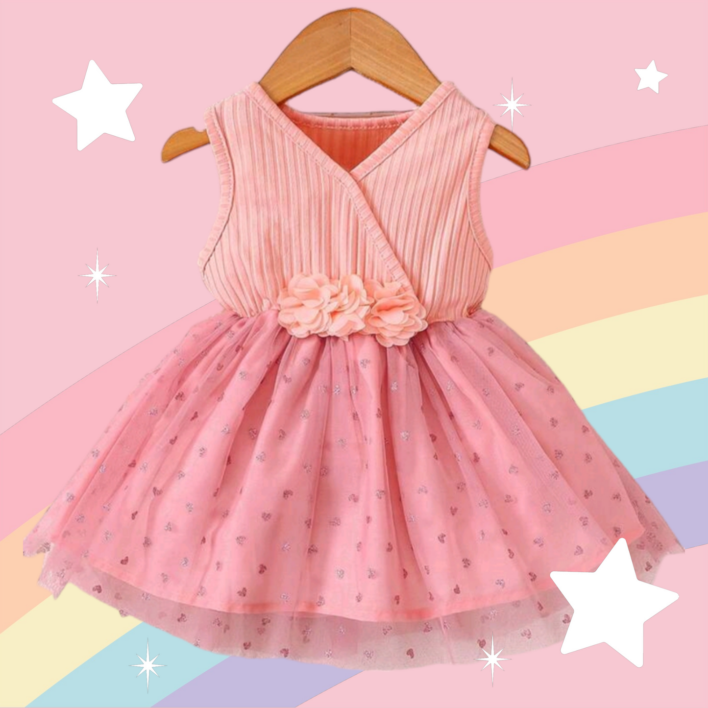 Pink Dress with Floral Detail and Heart Printed Overlay Mesh 1000861