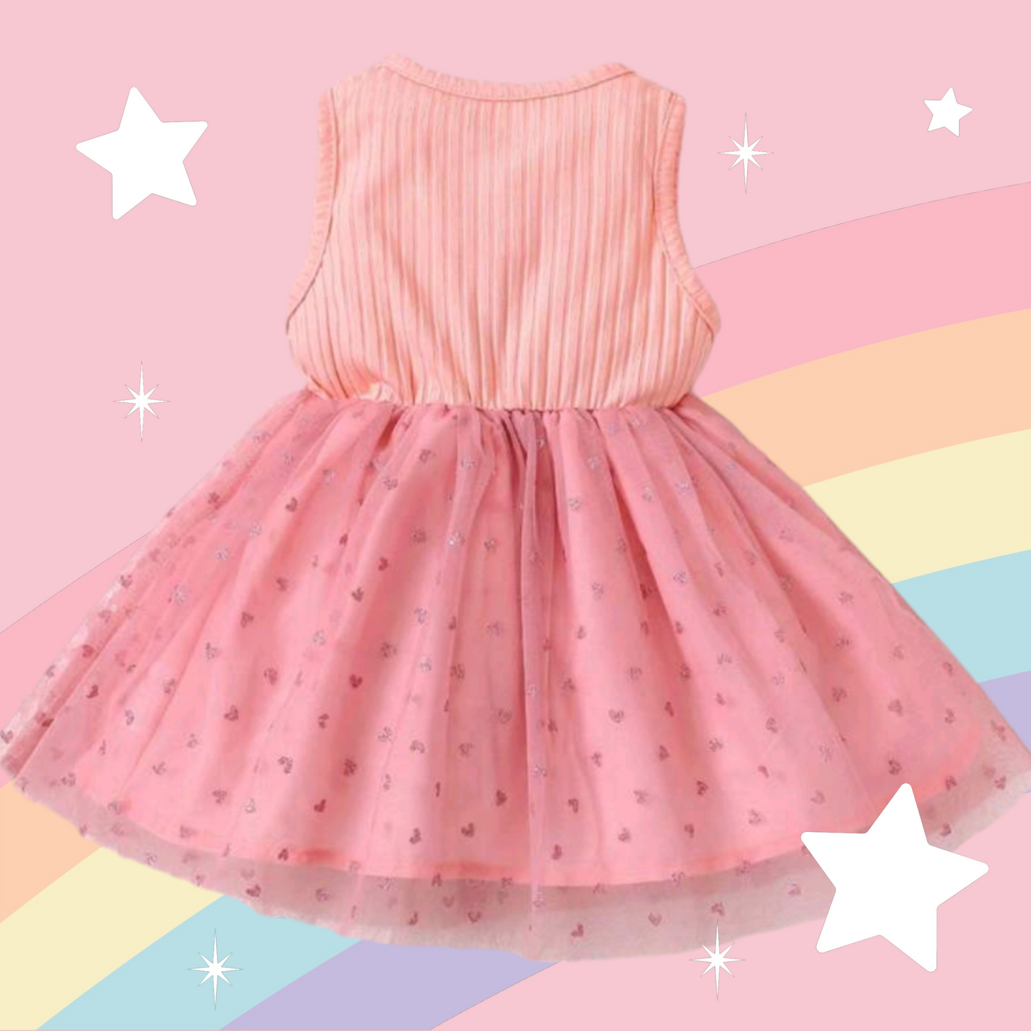 Pink Dress with Floral Detail and Heart Printed Overlay Mesh 1000861