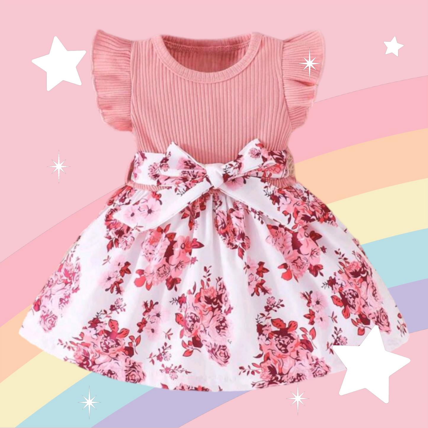 Pink Floral Dress with Ruffle Sleeves 1000300