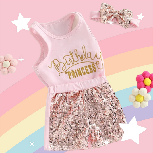 Birthday Princess Top with Sequins Shorts and Headband 