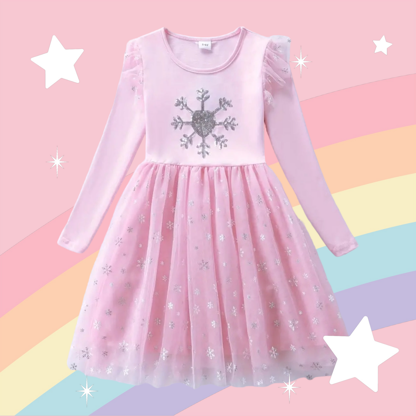 Pink Snow Princess Dress with Embroidered Snowflake