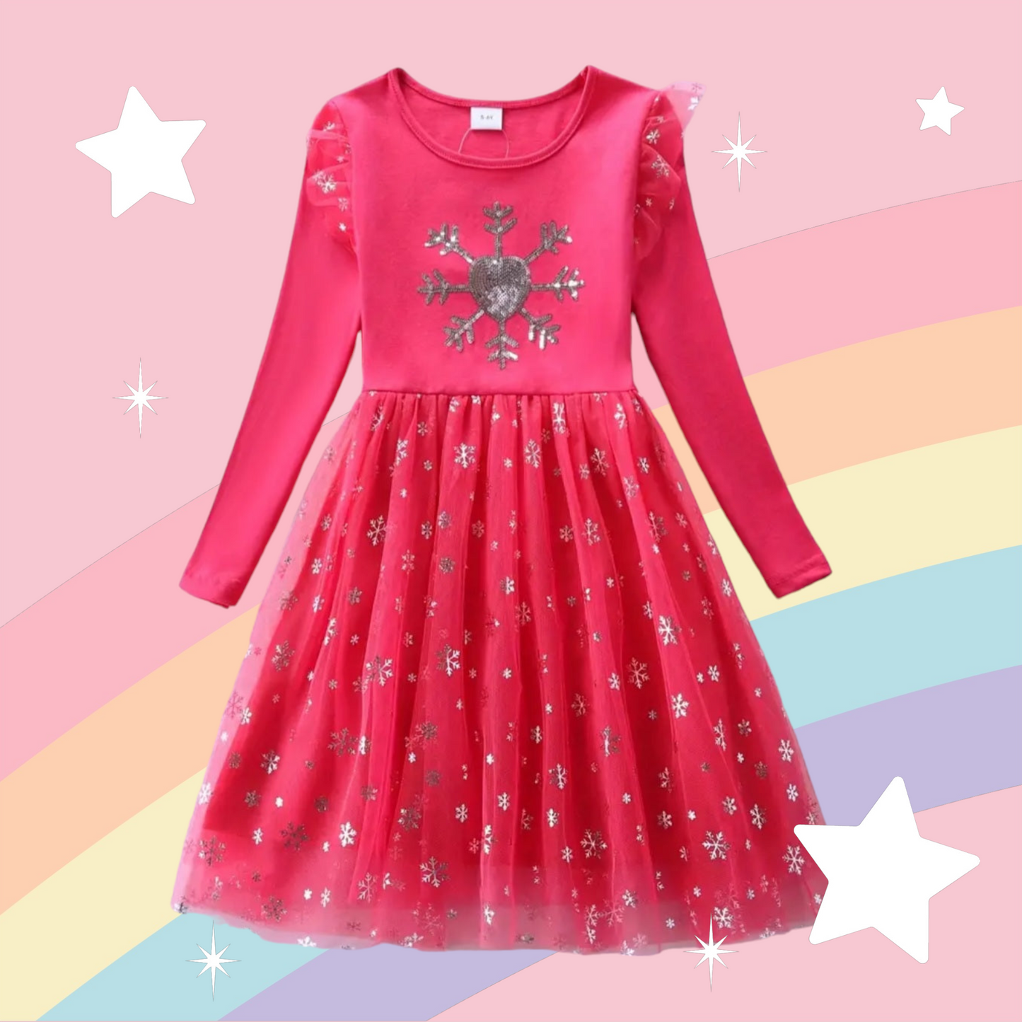 Coral Snow Princess Dress with Embroidered Snowflake