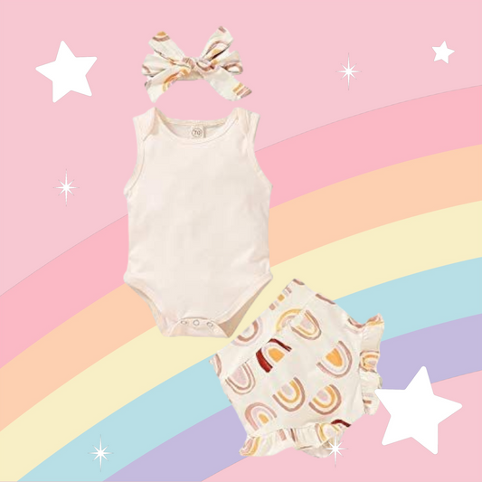 Off White Top with Rainbow Bloomer and Headband 