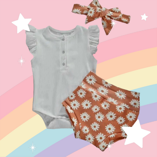 White Ruffle Romper with Floral Bloomer and Headband 