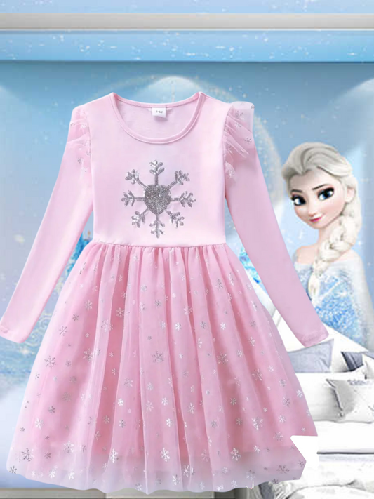 Pink Snow Princess Dress with Embroidered Snowflake