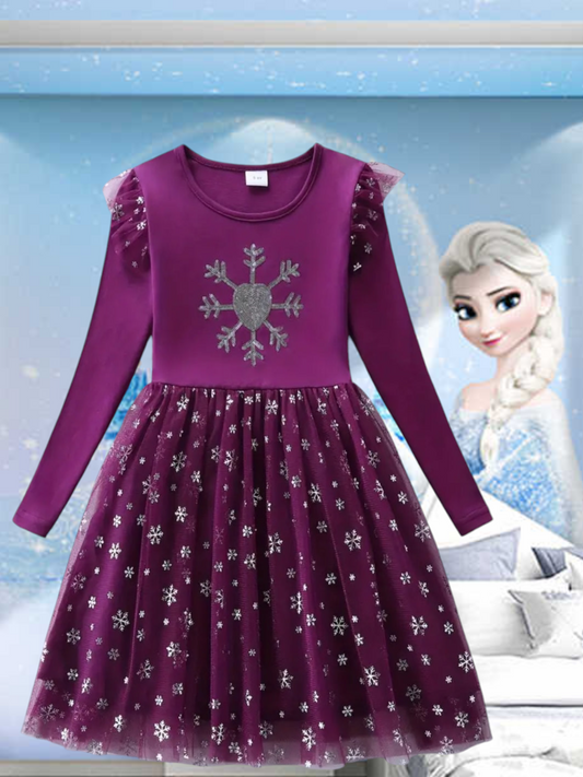 Plum Snow Princess Dress with Embroidered Snowflake