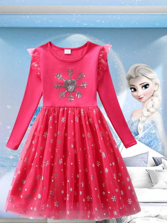 Coral Snow Princess Dress with Embroidered Snowflake