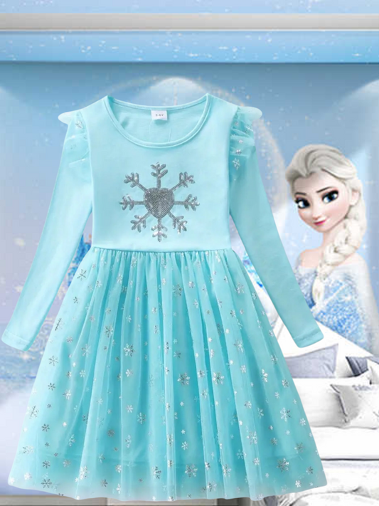 Blue Snow Princess Dress with Embroidered Snowflake