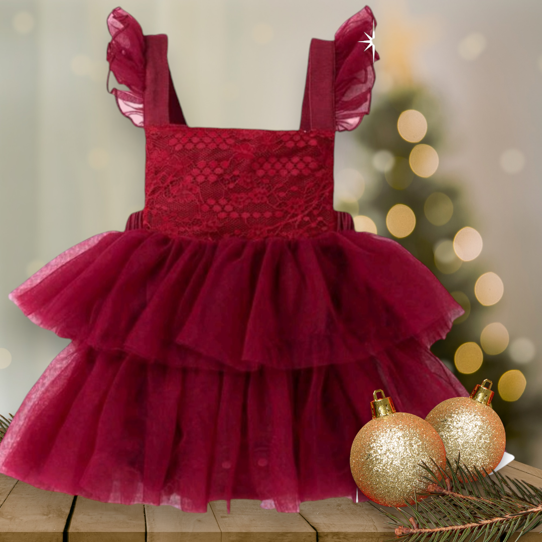 Maroon Multi-Layered Mesh Ruffle Romper and Headband 1000426