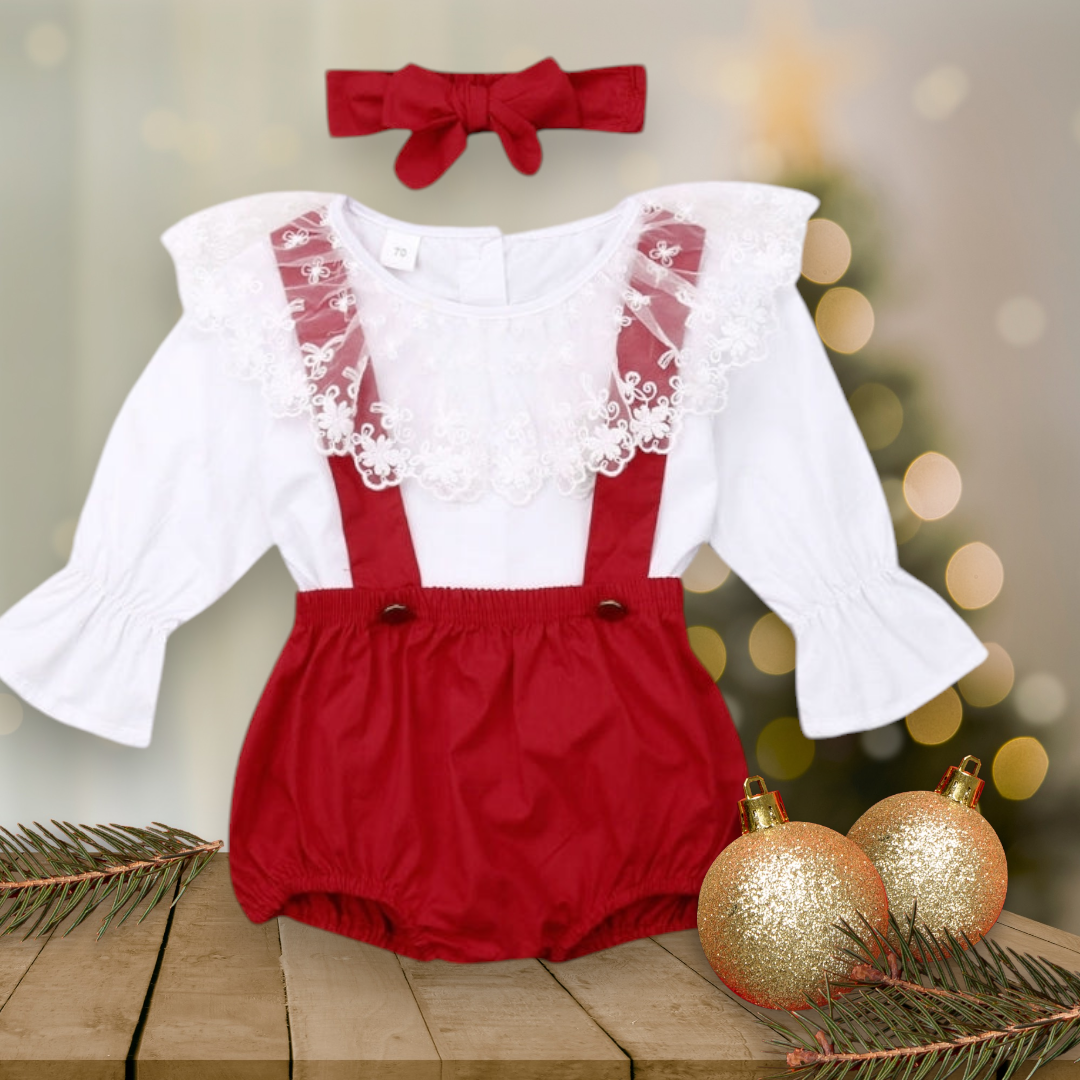 White Long Sleeve Top with Lacr Neckline , Red Overalls and Headband