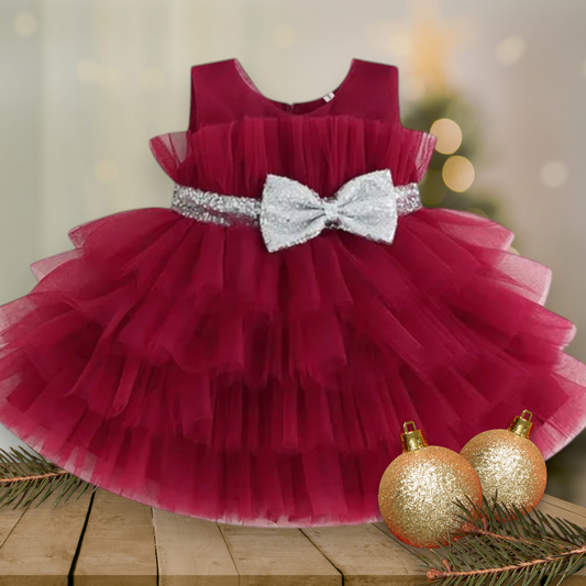 Maroon Special Occasions Dress with Silver Sequins Bow