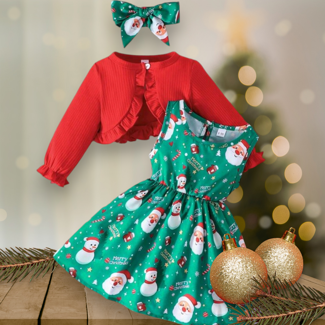 3PSC Christmas Outfit Dress, Headband and Long Sleeve Ruffle Top