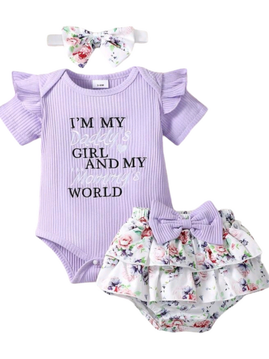 Daddy's Girl Mommy's World Purple Ruffle Romper with Floral Bloomer and Headband  #1000860