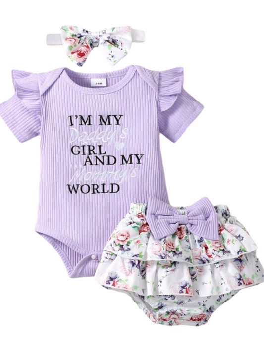 Daddy's Girl Mommy's World Purple Ruffle Romper with Floral Bloomer and Headband 