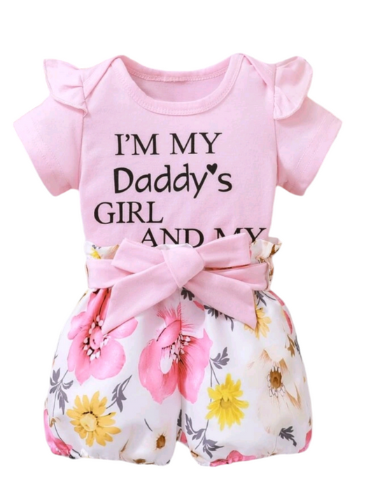 Daddy's Girl Mommy's World Pink Ruffle Romper with Floral Bloomer and Headband 