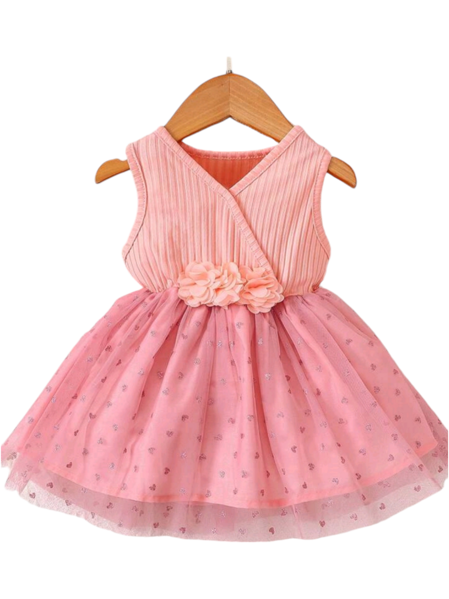 Pink Dress with Floral Detail and Heart Printed Overlay Mesh 1000861