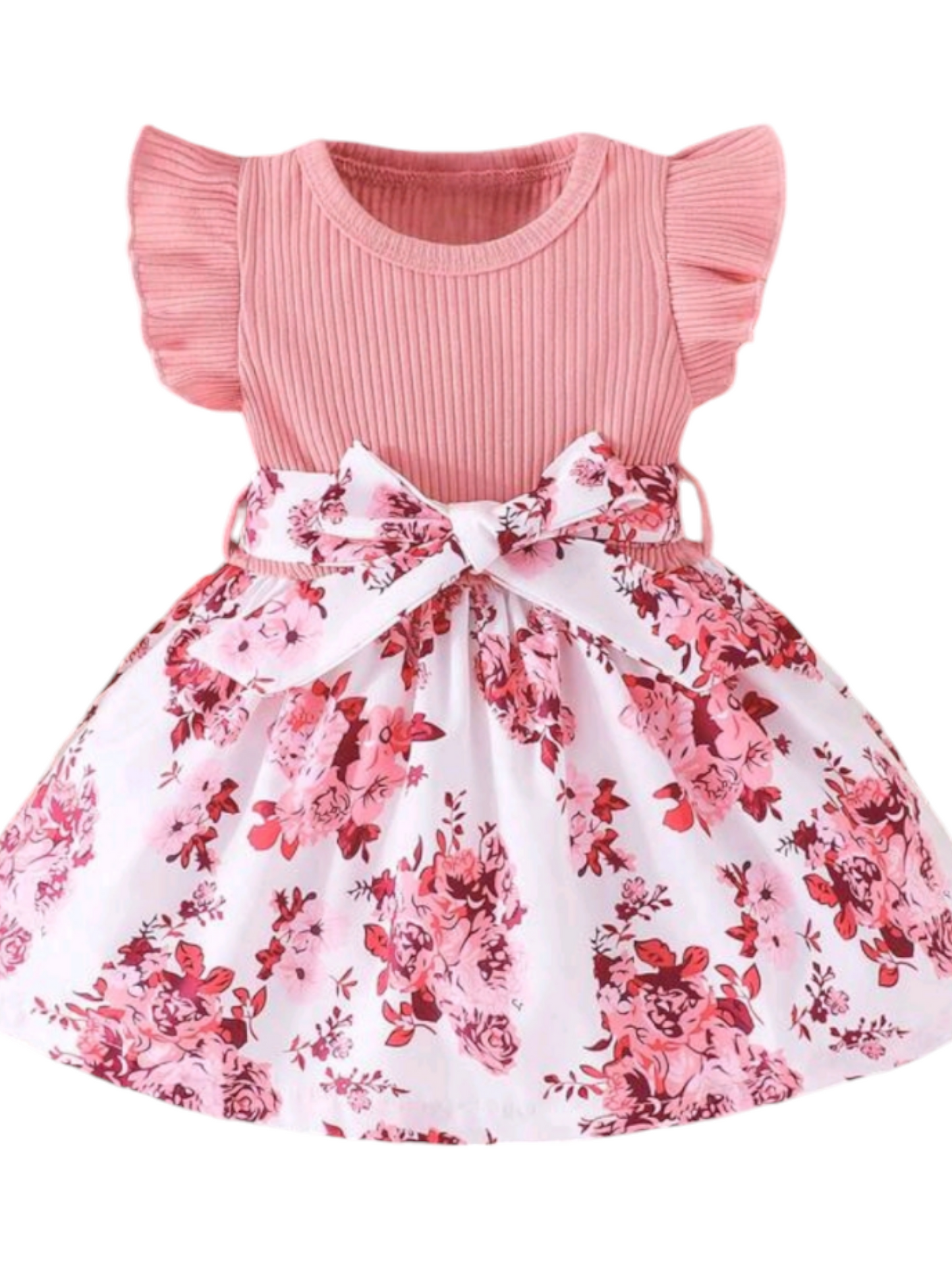 Pink Floral Dress with Ruffle Sleeves 