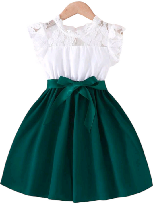 White Lace Ruffle Sleeve Dress with Green 1000359