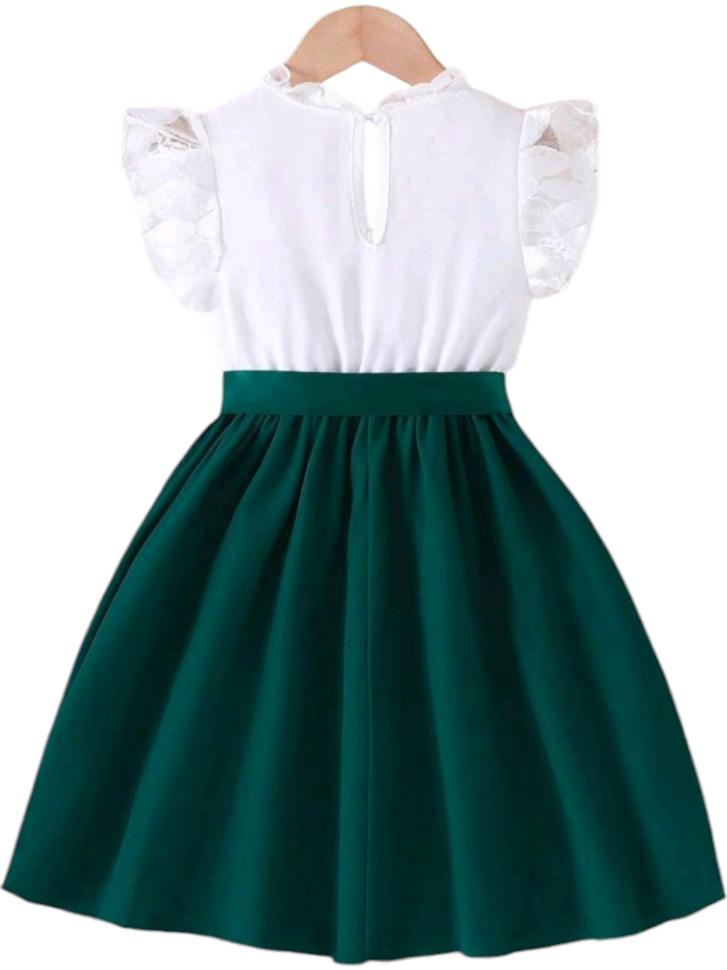White Lace Ruffle Sleeve Dress with Green 1000359
