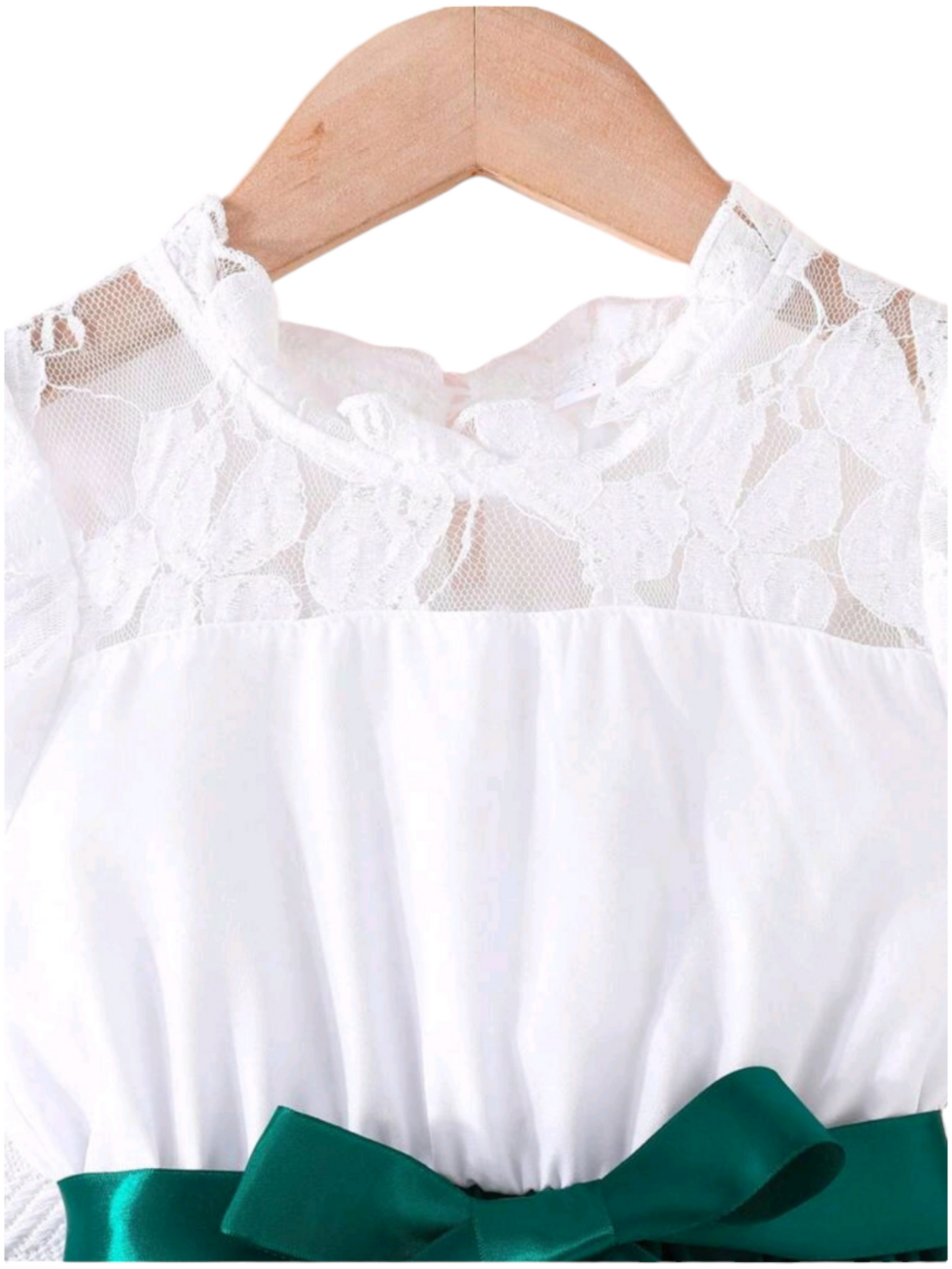 White Lace Ruffle Sleeve Dress with Green 1000359