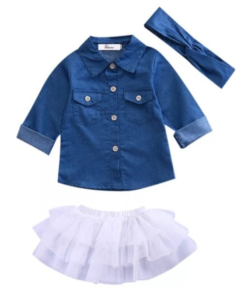 Denim Shirt, Headband and White Tutu #10007