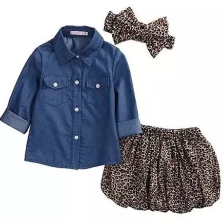 Long Sleeve Denim Shirt and Leopard Skirt