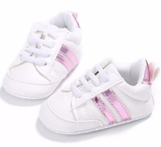 White Sneakers with Pink Shimmer Stripes