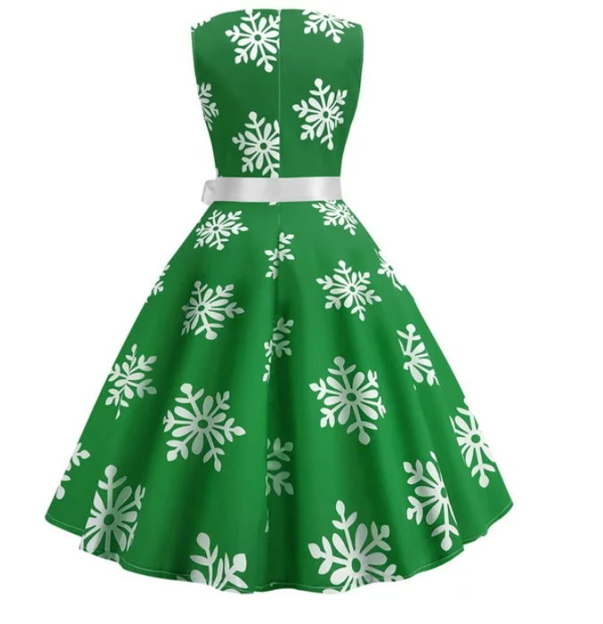 Ladies Sleeveless Green Snowflake Christmas Dress