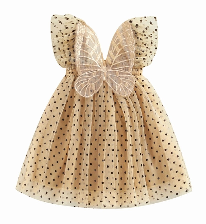Champagne Polka Lace Butterfly Tulle Dress 1001154
