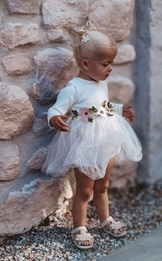 White Ribbed Lace Dress with Floral Design