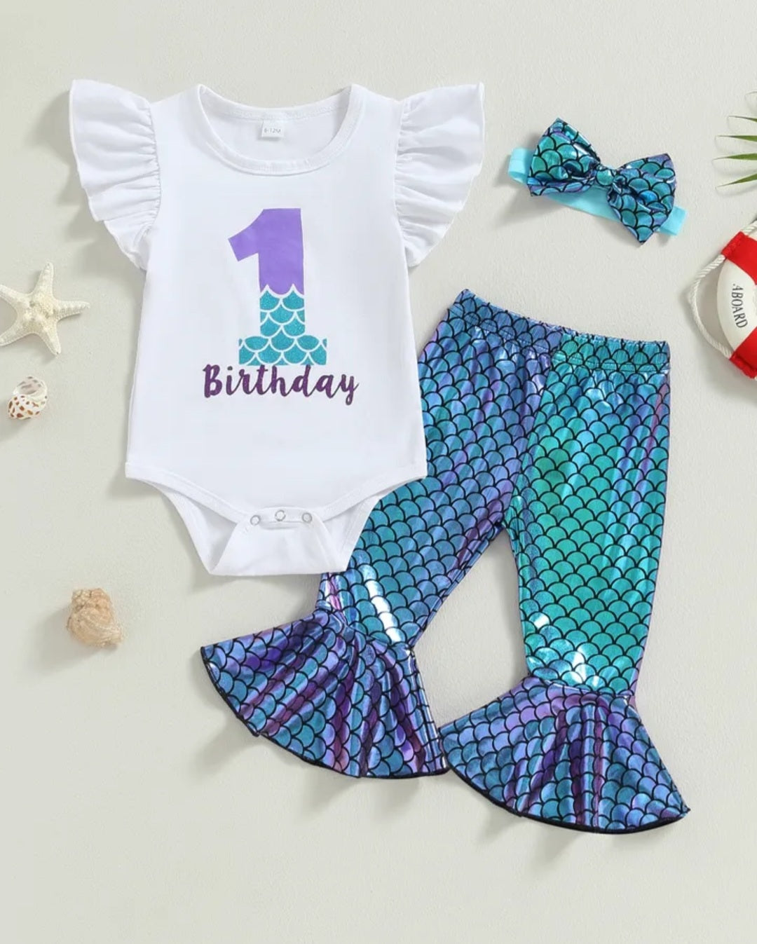 First Birthday Ruffle Sleeve Romper with Mermaid Bell Bottoms and Headband 