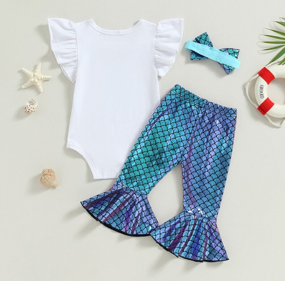 First Birthday Ruffle Sleeve Romper with Mermaid Bell Bottoms and Headband  #1000206