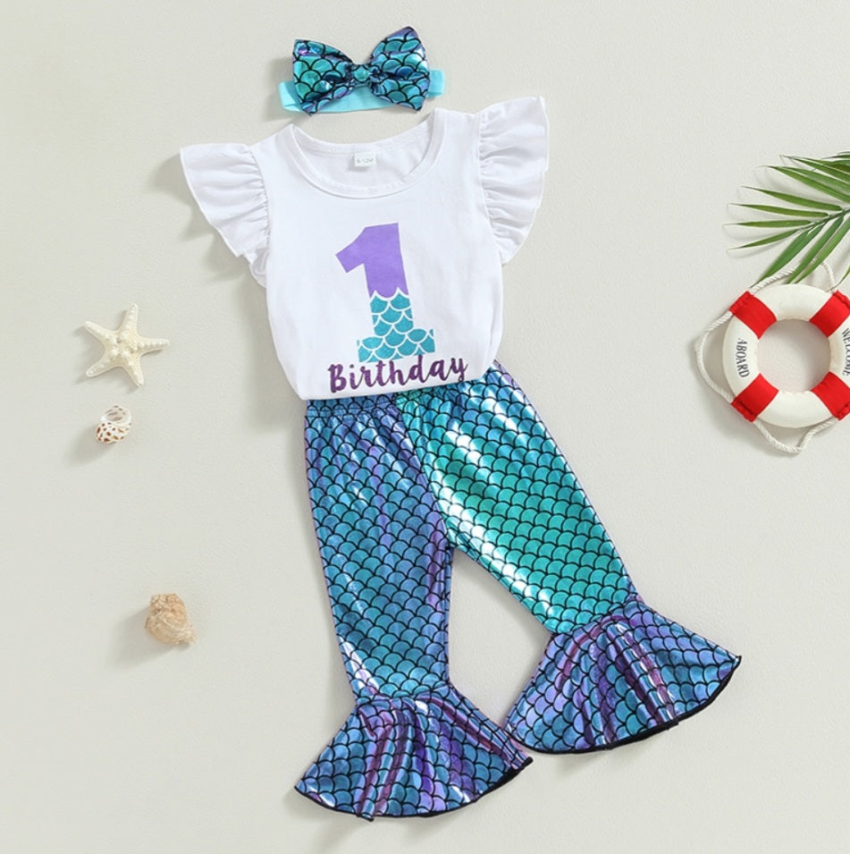 First Birthday Ruffle Sleeve Romper with Mermaid Bell Bottoms and Headband  #1000206